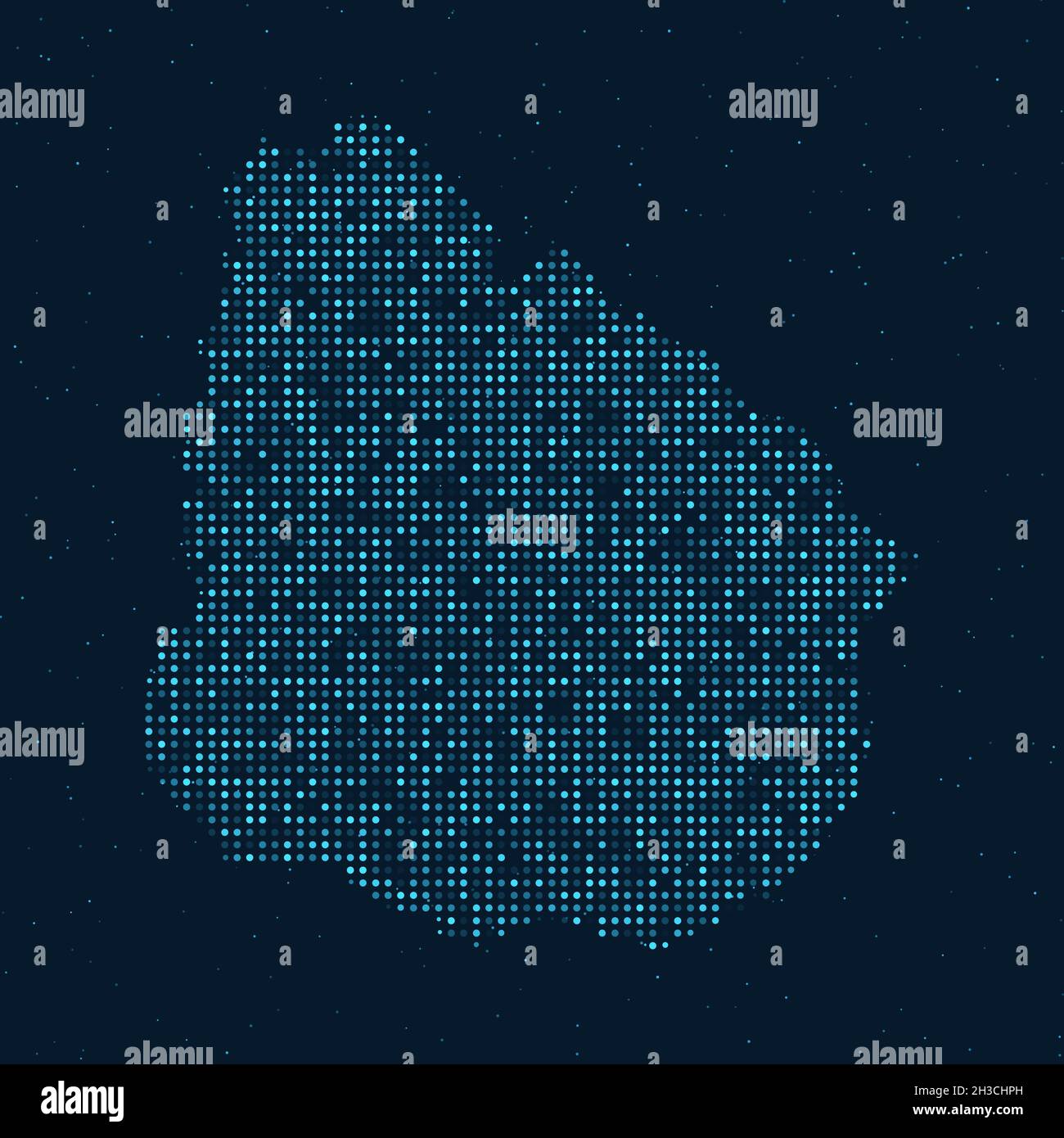 Mezzitoni astratti punteggiati con effetto stellato su sfondo blu scuro con mappa dell'Uruguay. Tecnologia digitale punteggiata design sfera e struttura. Vettore Illustrazione Vettoriale