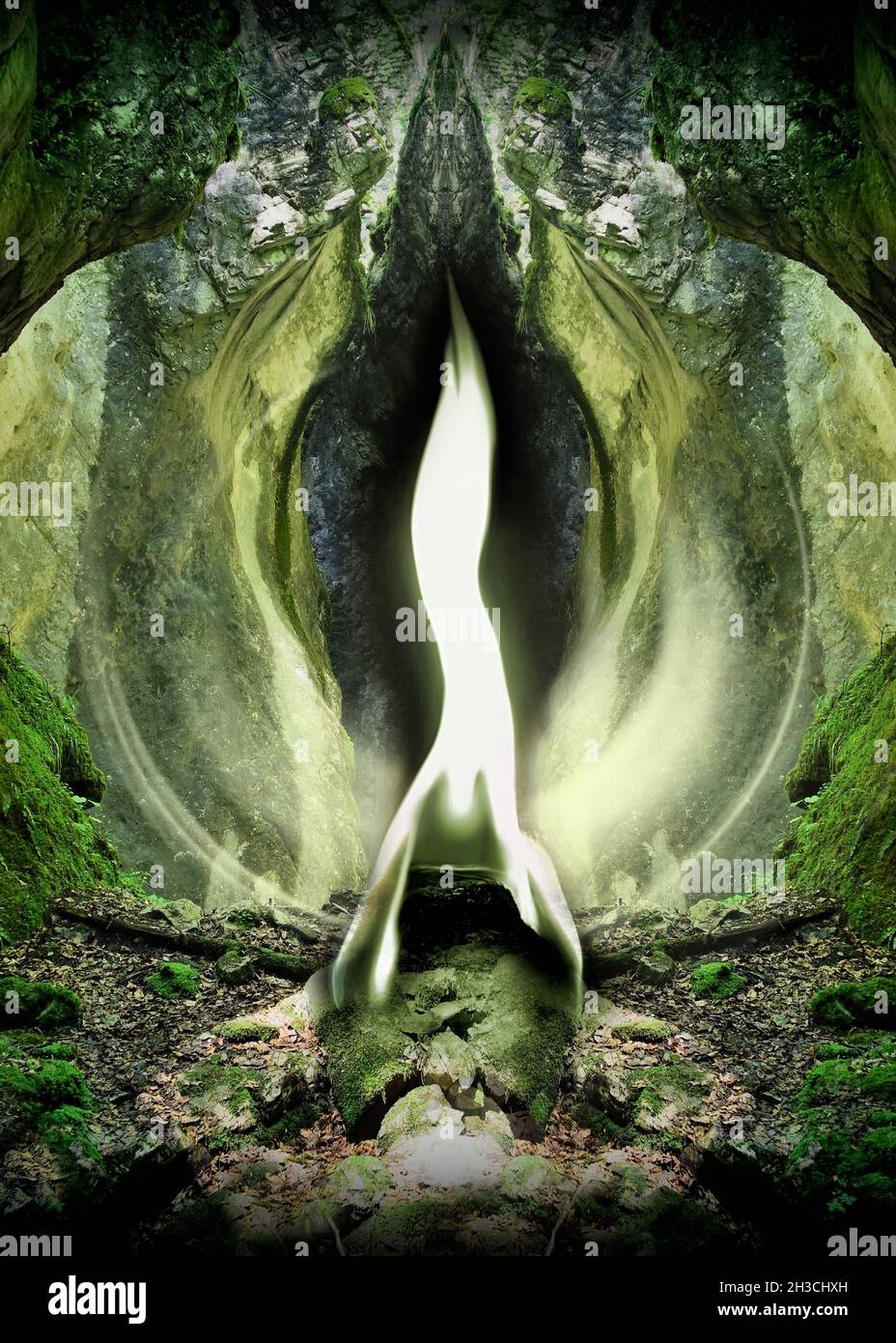 Poster fiamma verde di Arcangelo Raffaello in bellissimo paesaggio mistico foresta. Foto Stock