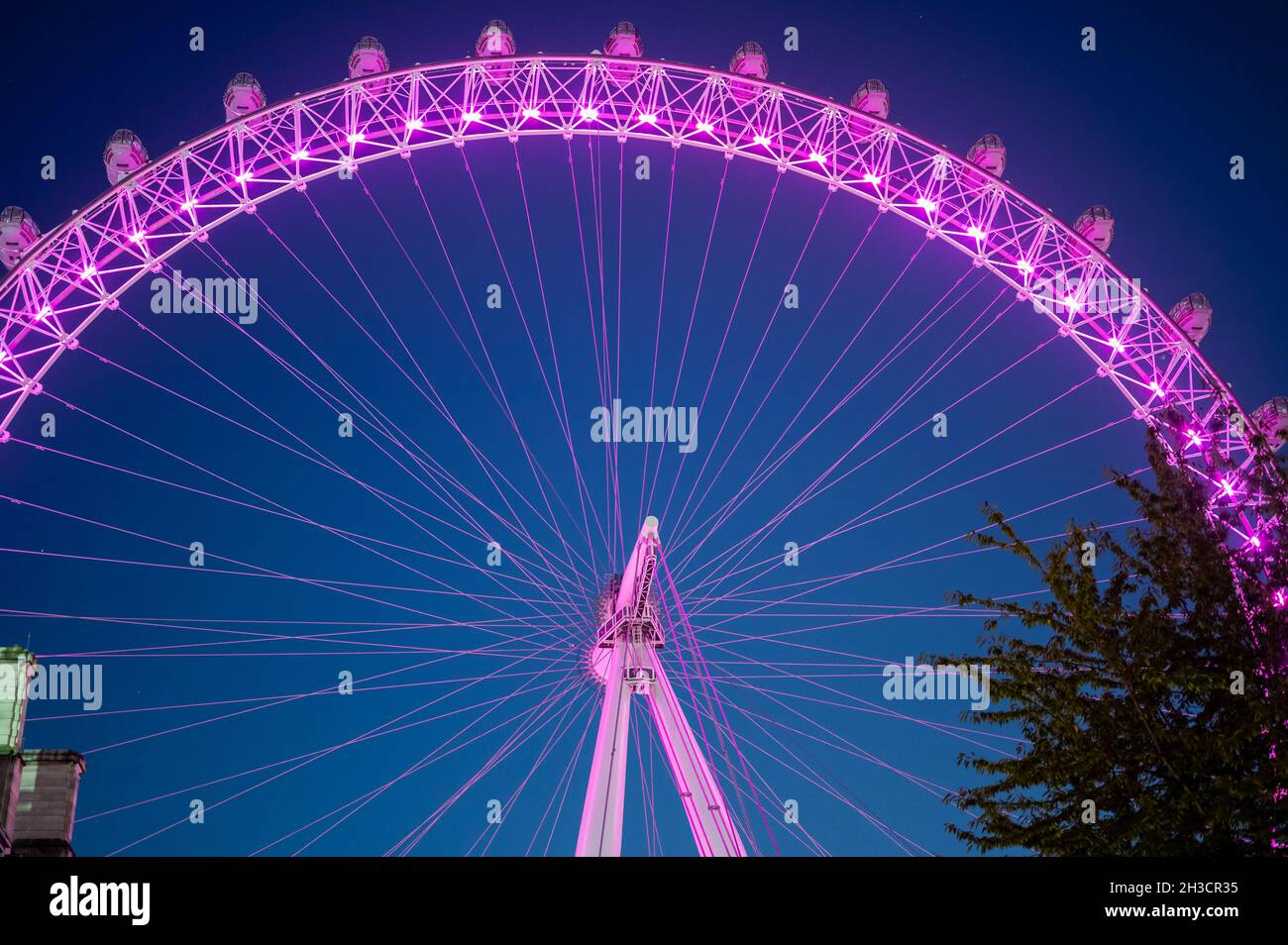 Il London Eye si illuminerà contro un profondo cielo notturno blu Foto Stock