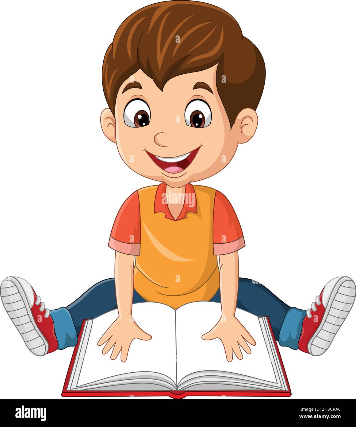 Felice ragazzino seduto a leggere un libro Illustrazione Vettoriale