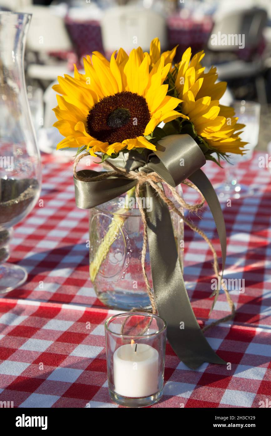 GIRASOLI SU PANNO DA TAVOLO DI CONTROLLO, RICEVIMENTO DI NOZZE Foto Stock