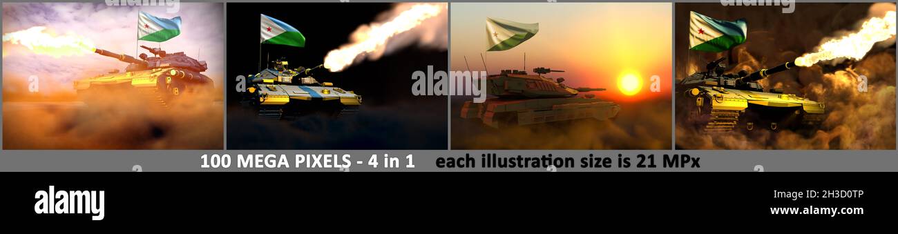4 immagini di serbatoio moderno molto dettagliato con disegno non esistente e con bandiera di Gibuti - concetto militare di esercito di Gibuti, illustrazione militare 3D Foto Stock
