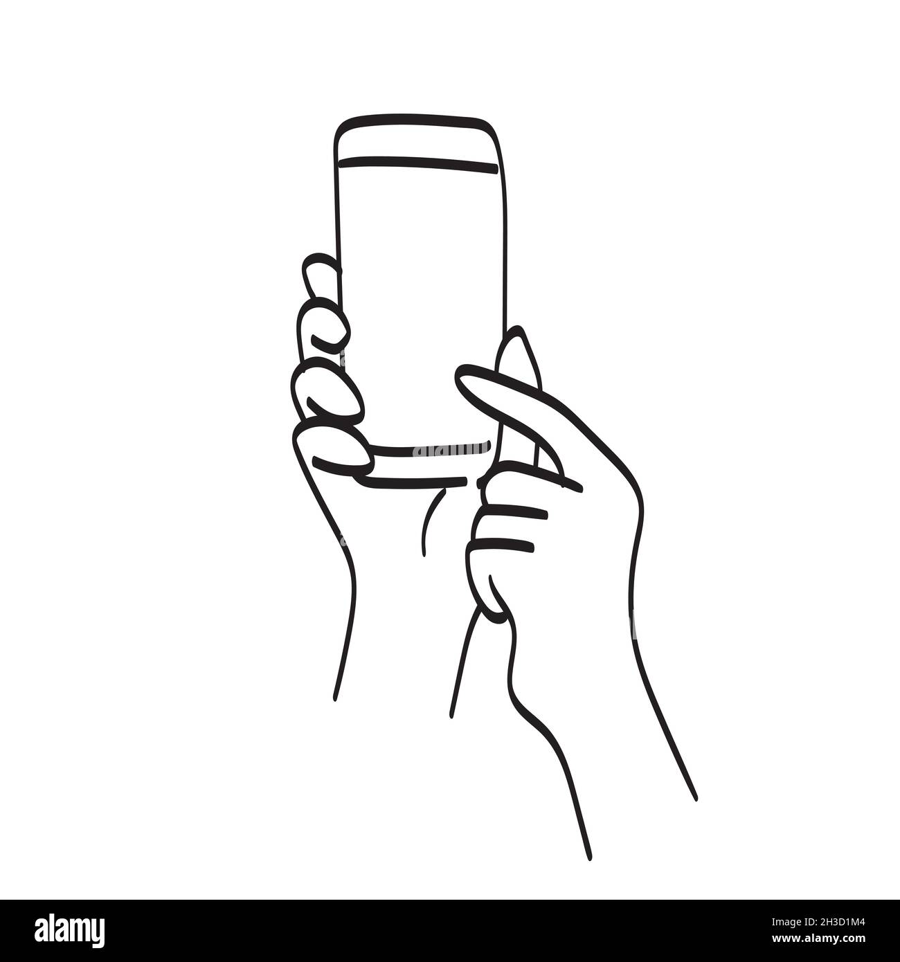 line art closeup mano digitando o puntando sul vettore illustrazione smartphone isolato su sfondo bianco Illustrazione Vettoriale