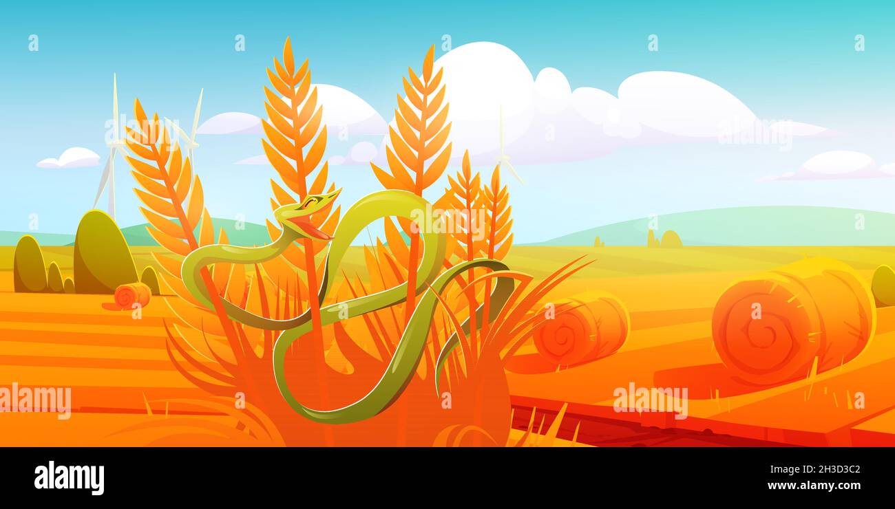 Serpente Trimeresurus Salazar in autunno campo. Serpente verde con occhi gialli spago cespuglio secco al bel paesaggio di giorno di sole. Stile di vita selvatico rettile, animale di veleno alla natura, illustrazione vettoriale di Cartoon Illustrazione Vettoriale