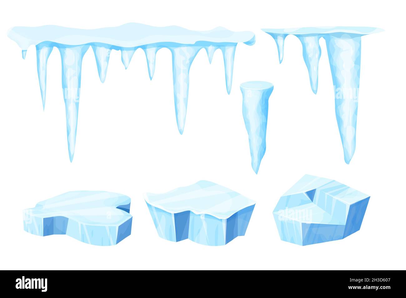 Set Ice floe, acqua ghiacciata pezzo, iceberg e ghiaccioli in stile cartone animato isolato su sfondo bianco. Raccolta elemento paesaggio polare, risorsa di gioco ui. Decorazione invernale. Illustrazione vettoriale Illustrazione Vettoriale