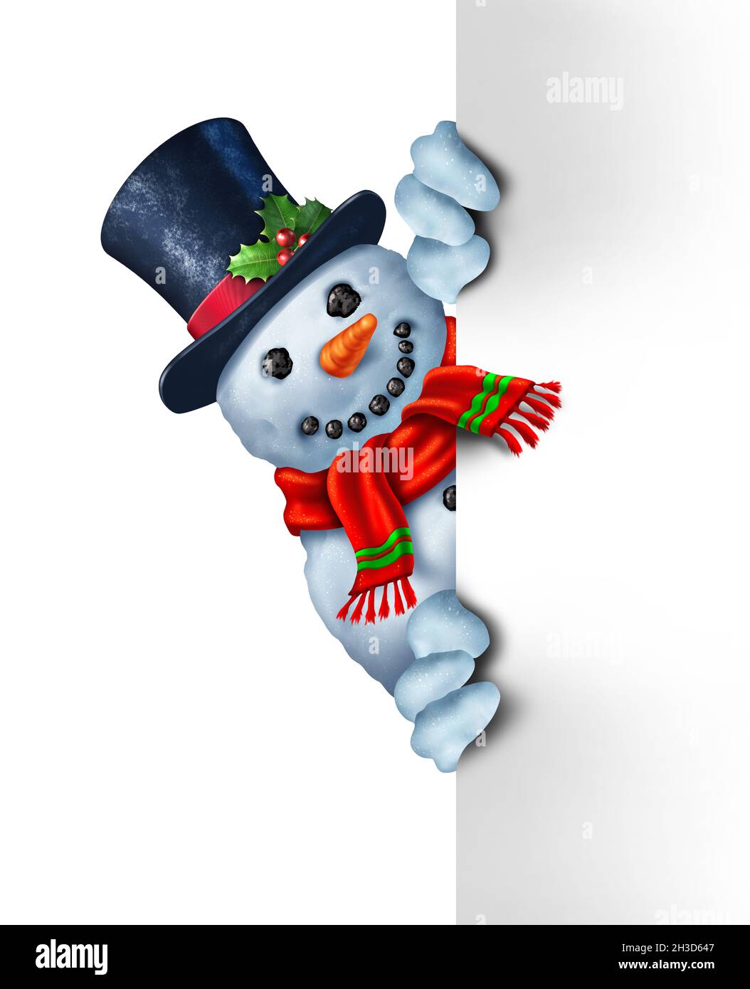 Snowman che si nasconde dietro un cartello bianco vuoto come un felice uomo di neve d'inverno che si nasconde dietro un cartellone come una vacanza di Natale o un saluto stagionale. Foto Stock