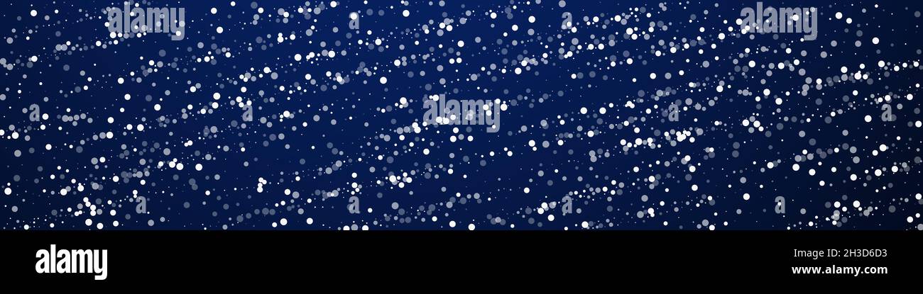 Casuale bianco punti sfondo di Natale. Sottili fiocchi di neve volanti e stelle su sfondo blu scuro. Modello overlay in fiocco di neve in argento d'inverno. Glamour illustrazione panoramica. Illustrazione Vettoriale