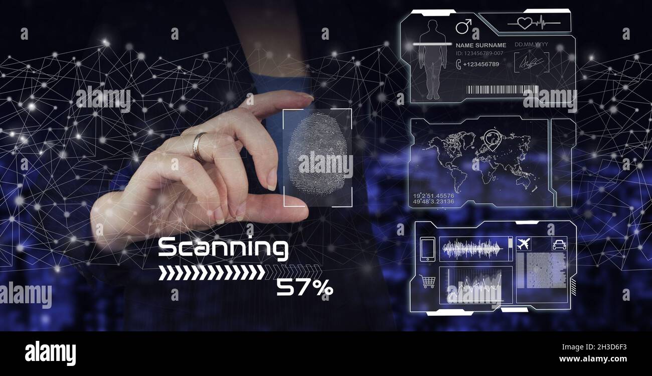 Scansione delle impronte digitali dell'identità biometrica e dell'approvazione. Hand hold Digital ologramma impronta digitale segno e collage con dati grafici su schermo virtuale on Foto Stock