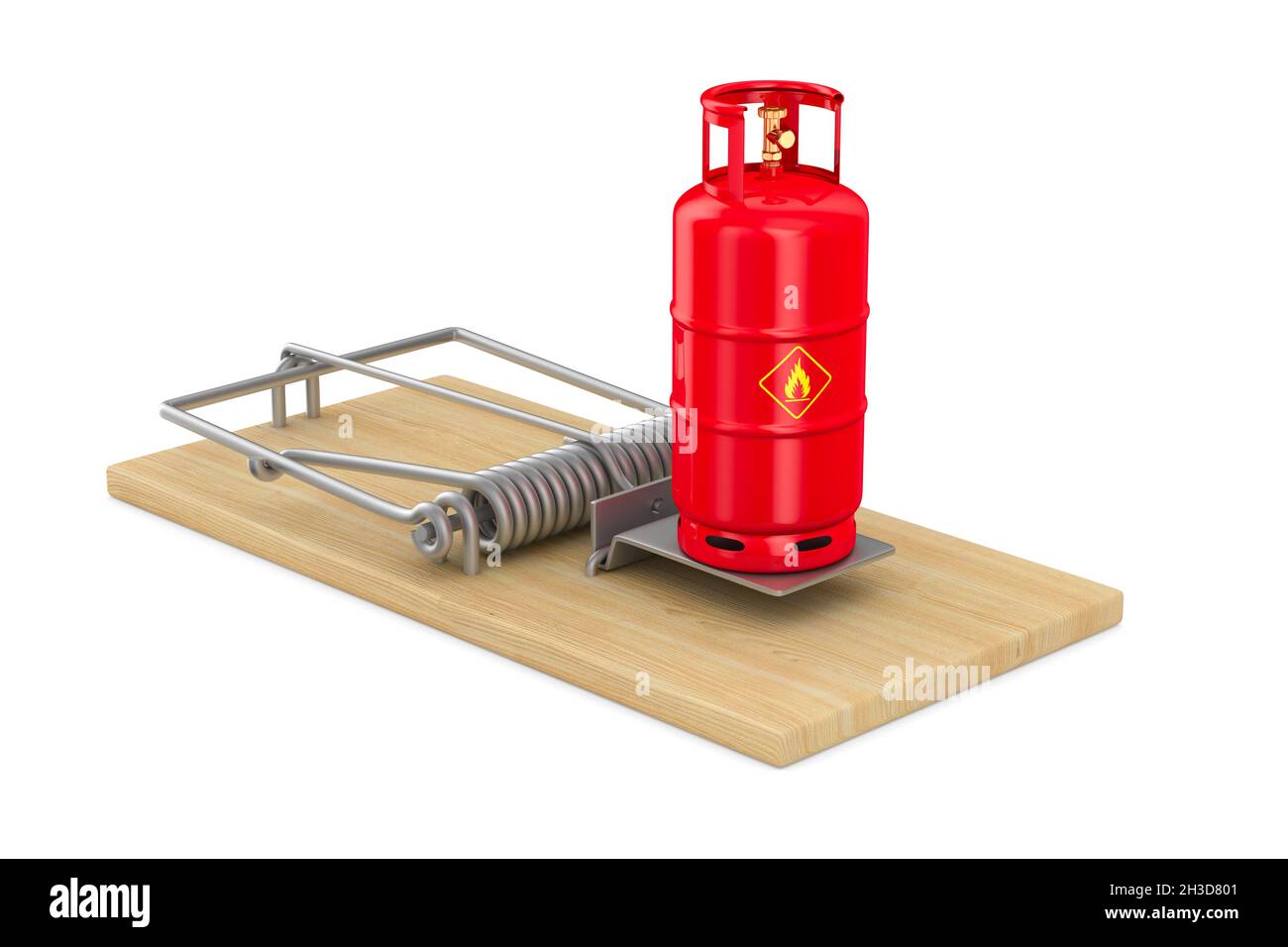 mousetrap e bombola di gas su sfondo bianco. Illustrazione 3D isolata Foto Stock