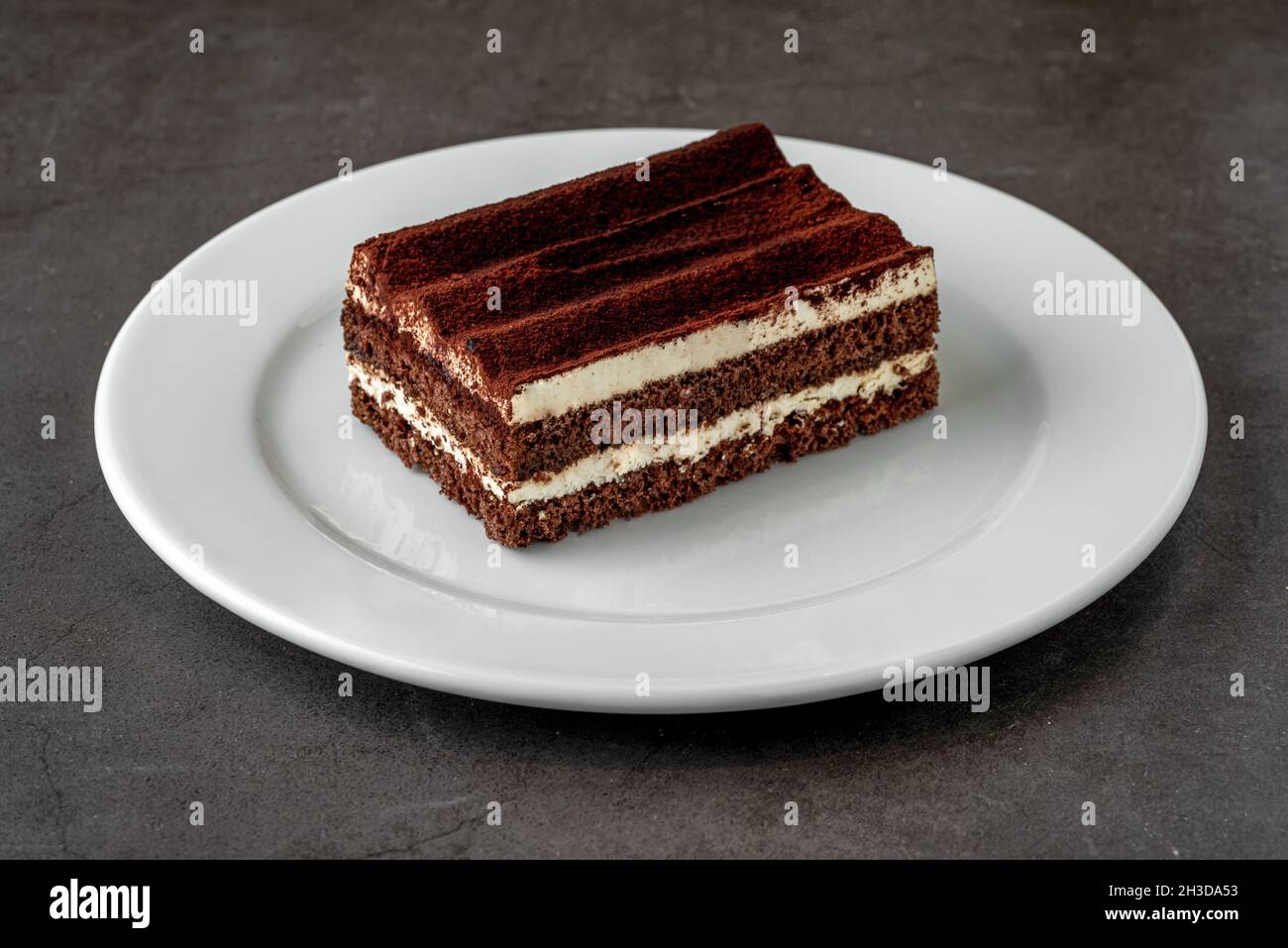 Gourmet dessert italiano tiramisù su tavola di pietra scura Foto Stock