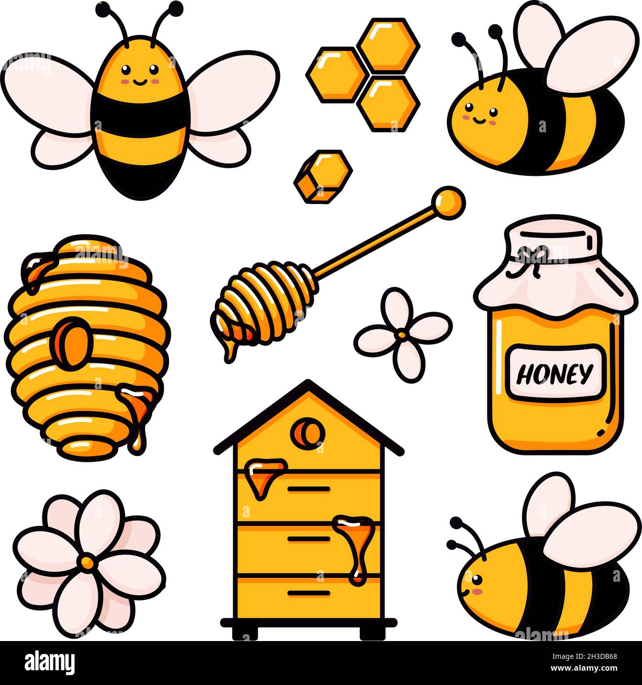 Set di ape carina, gustoso miele sano, vaso, nido d'ape, orticaria, fiore, miele  di legno dipper e testo vettore illustrazioni doodle. Disegno a mano  colorato alla moda vettoriale in stile cartone animato