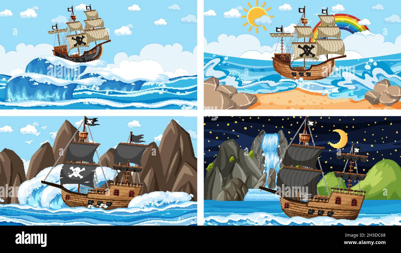 Set di Ocean con nave pirata in diversi momenti scene in un'illustrazione stile cartoon Illustrazione Vettoriale