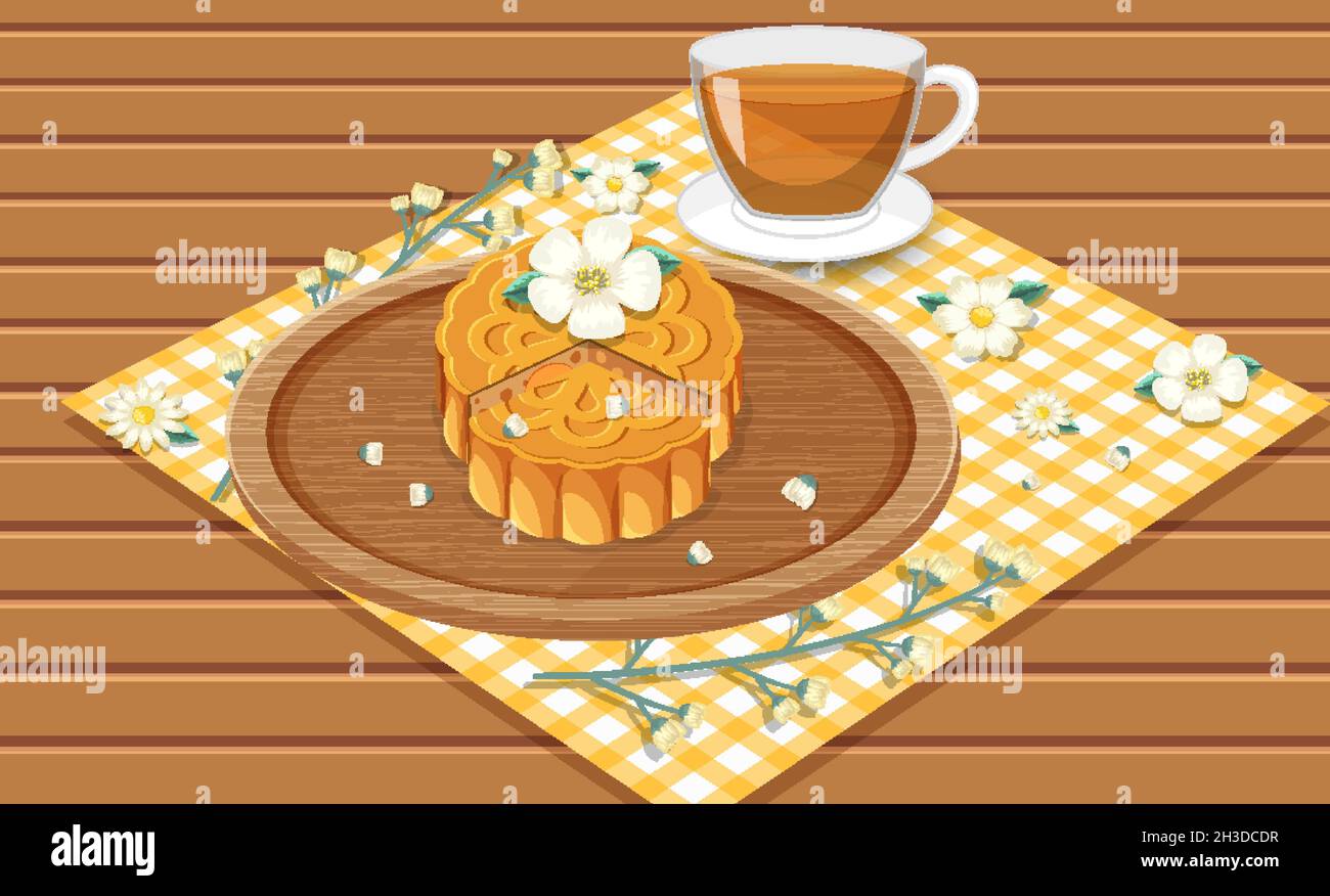 Torta di mooncake con teacup allestito su un tavolo di legno Illustrazione Vettoriale