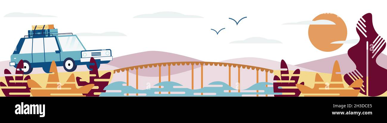 Illustrazione vettoriale piatta dello sfondo con colline. Concetto di viaggio in auto. L'auto attraversa il ponte. Ambiente bellissimo Illustrazione Vettoriale