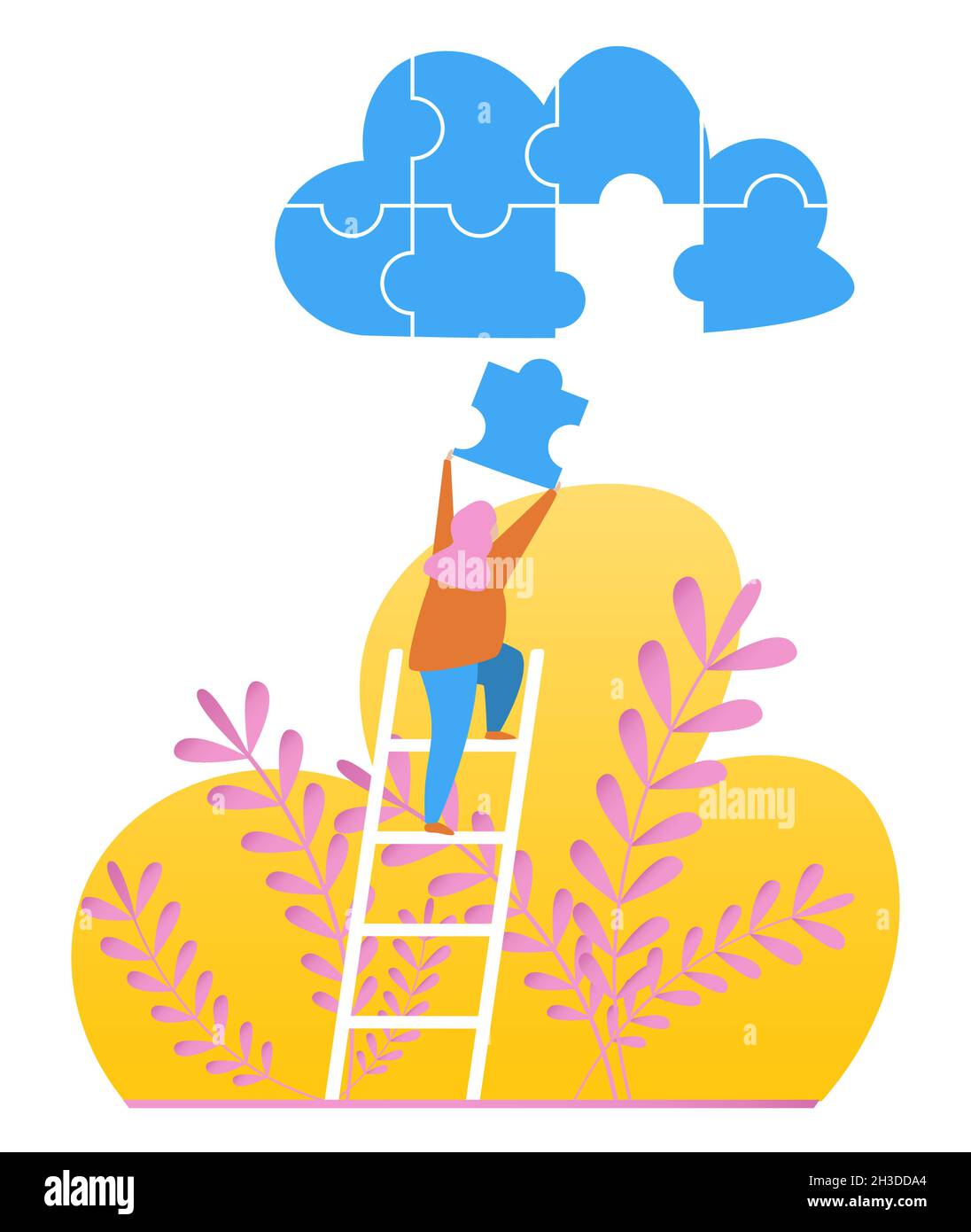 Immagine vettoriale. La ragazza sulle scale. Mettere insieme un puzzle cloud. Illustrazione Vettoriale