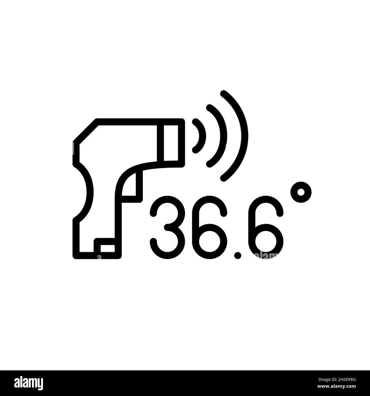 Controllo della temperatura con un termometro senza contatto come misura di prevenzione della malattia covid. Temperatura corporea normale 36.6 pixel perfetto, tratto modificabile Illustrazione Vettoriale