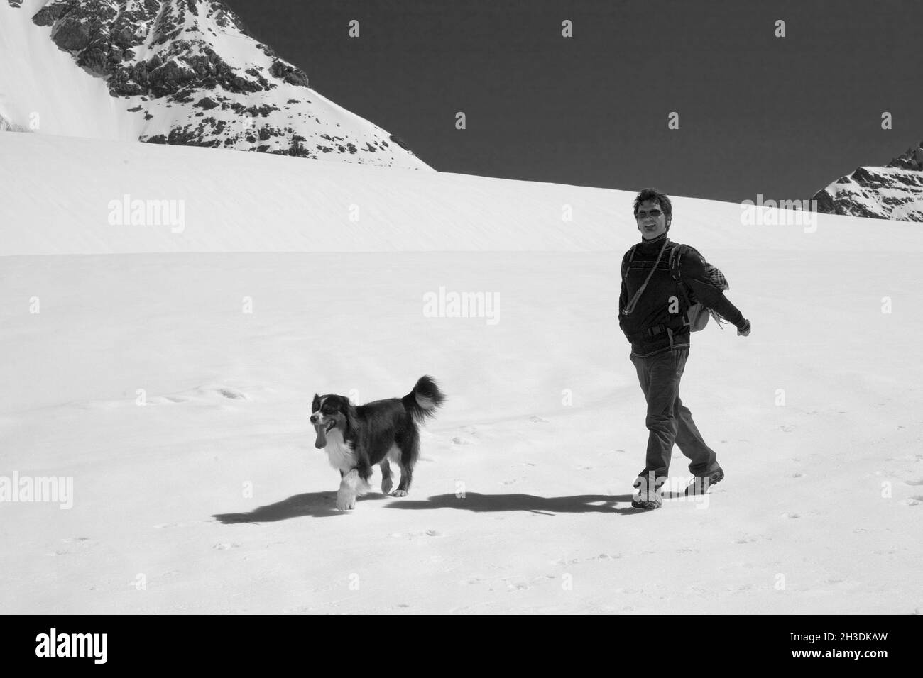 Un uomo e il suo cane: Una passeggiata a 'la cima d'Europa' sul ghiacciaio Jungfraufirn, Jungfraujoch, Oberland Bernese, Svizzera. Versione in bianco e nero Foto Stock