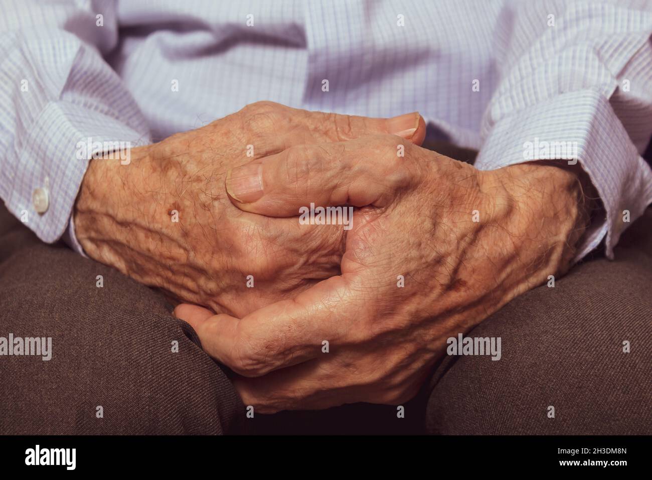 caucasico irriconoscibile mani di un uomo molto vecchio. Primo piano. Foto Stock
