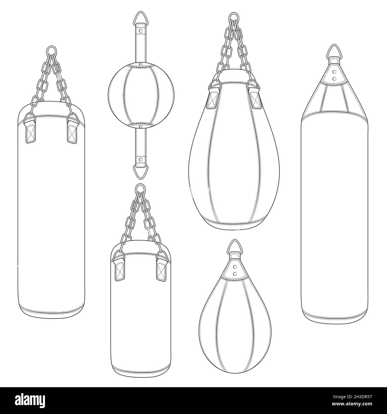 Set di illustrazioni in bianco e nero con sacchetto da punzonatura, pere da imballaggio. Oggetti vettoriali isolati su sfondo bianco. Illustrazione Vettoriale