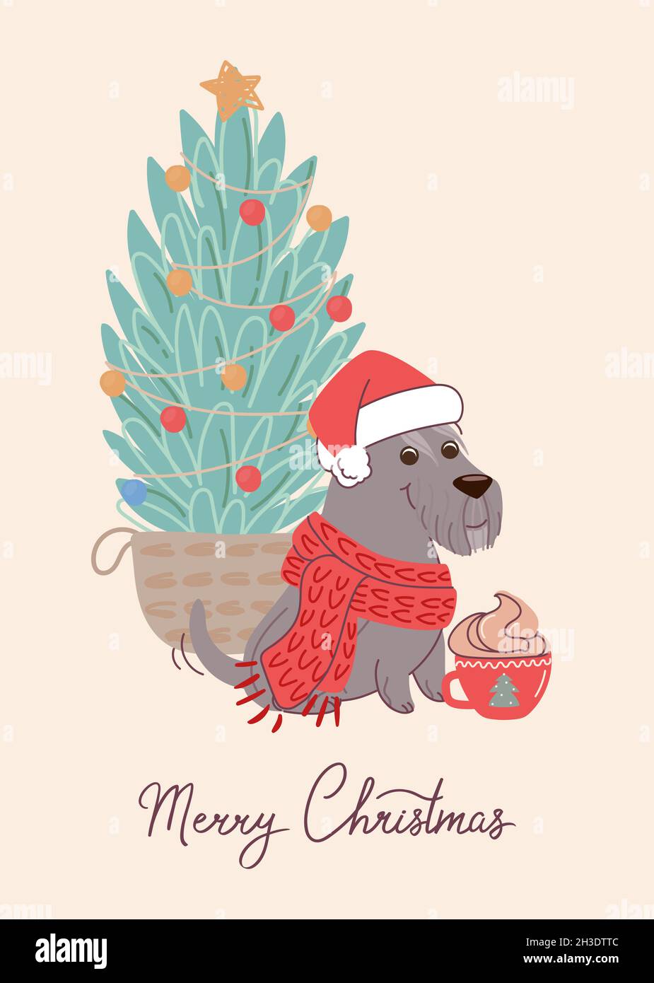 Carino cane schnauzer sulla scheda di natale. Illustrazione vettoriale con albero di Natale in stile piatto e scritta Buon Natale. Illustrazione Vettoriale