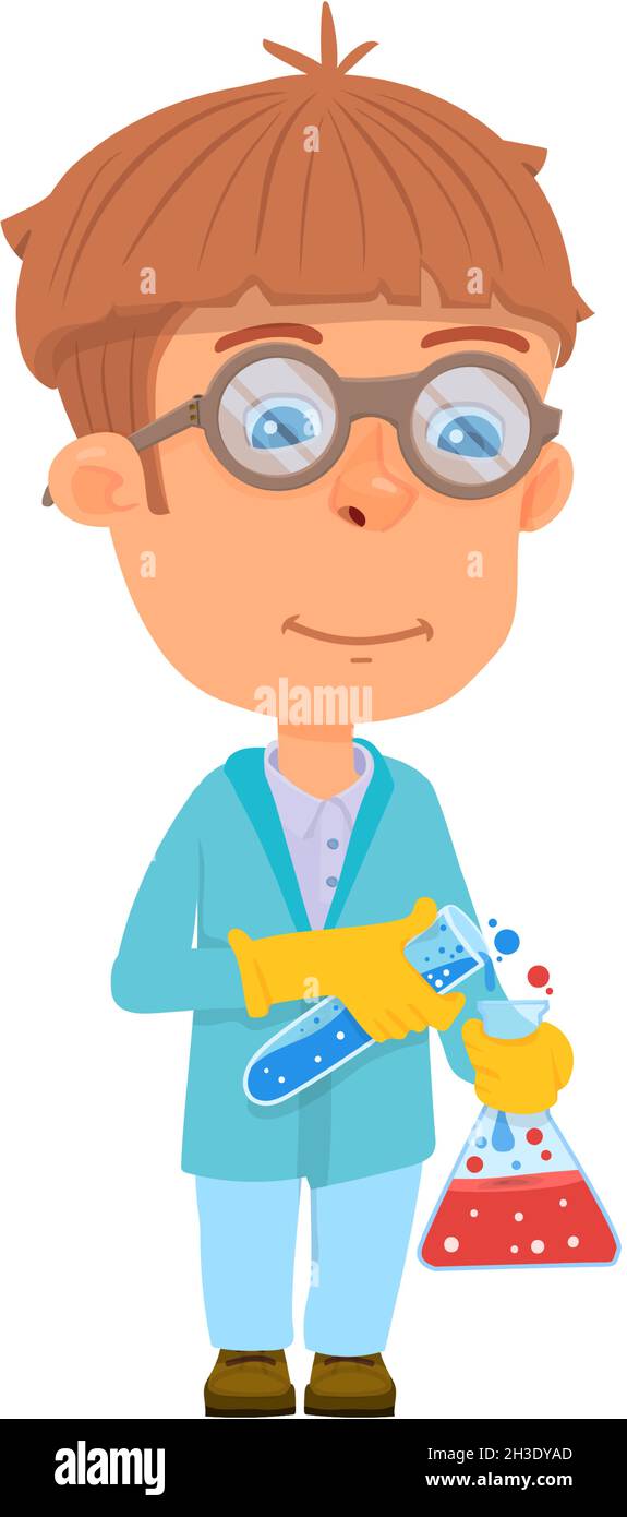 Ragazzo scienziato. Ragazzo cartoon con fiasche. Esperimento chimico Illustrazione Vettoriale