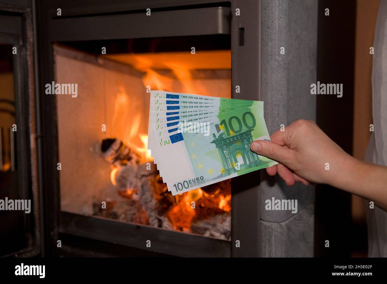 Fuoco aperto in soggiorno, 100 euro in mano, Austria Foto Stock