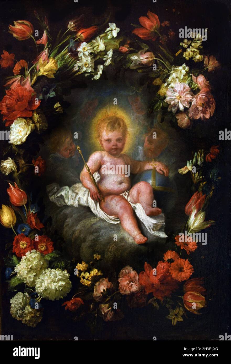 Gesu Bambino entro una ghirlanda di fiori - Gesù Bambino in una ghirlanda di fiori di Domenico Piola (1627–1703) fresco, Wall Painting, Italy, Italian, Foto Stock