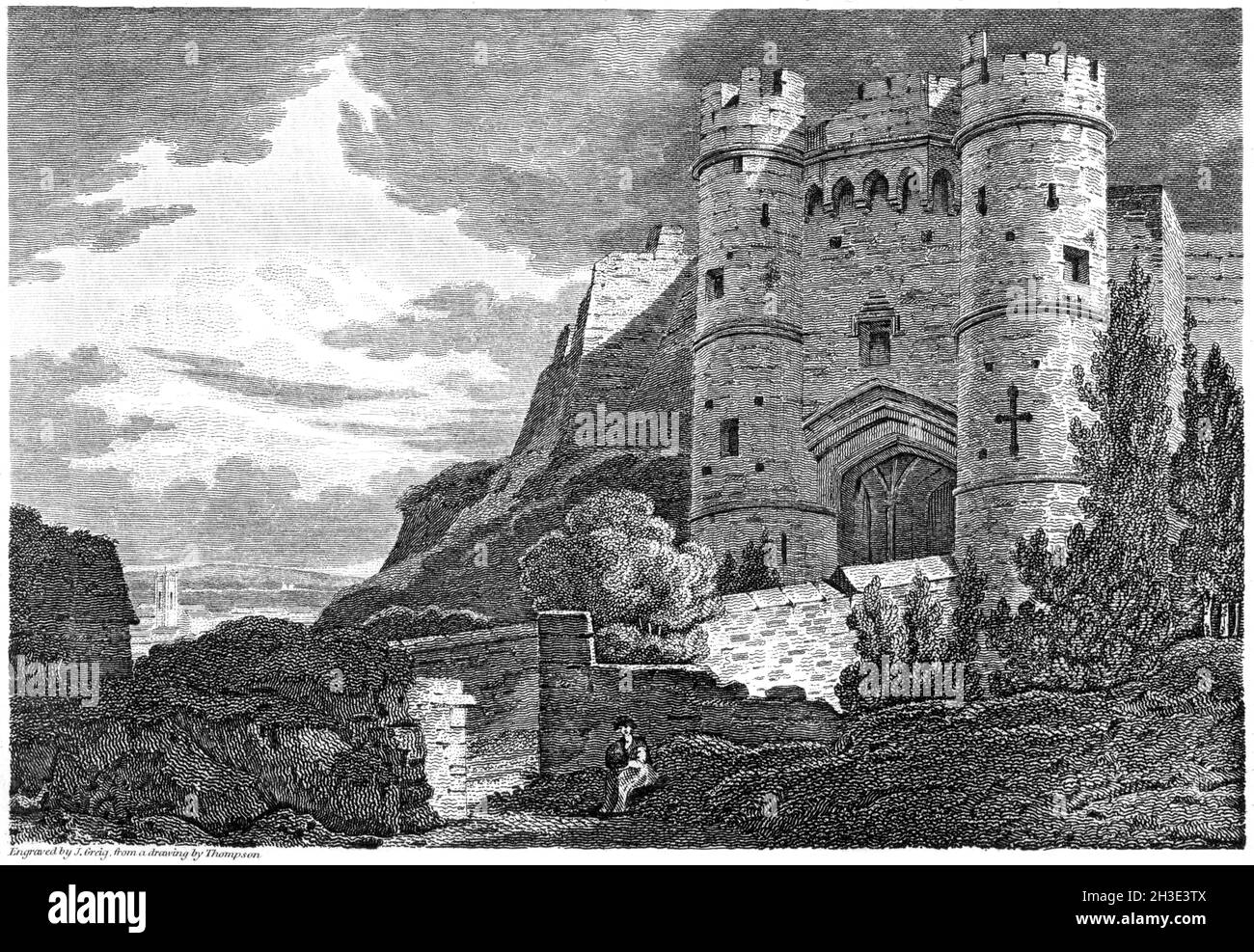 Un'incisione del Castello di Carisbrooke, Isle of Wight UK scansionata ad alta risoluzione da un libro stampato nel 1812. Creduto libero di copyright. Foto Stock