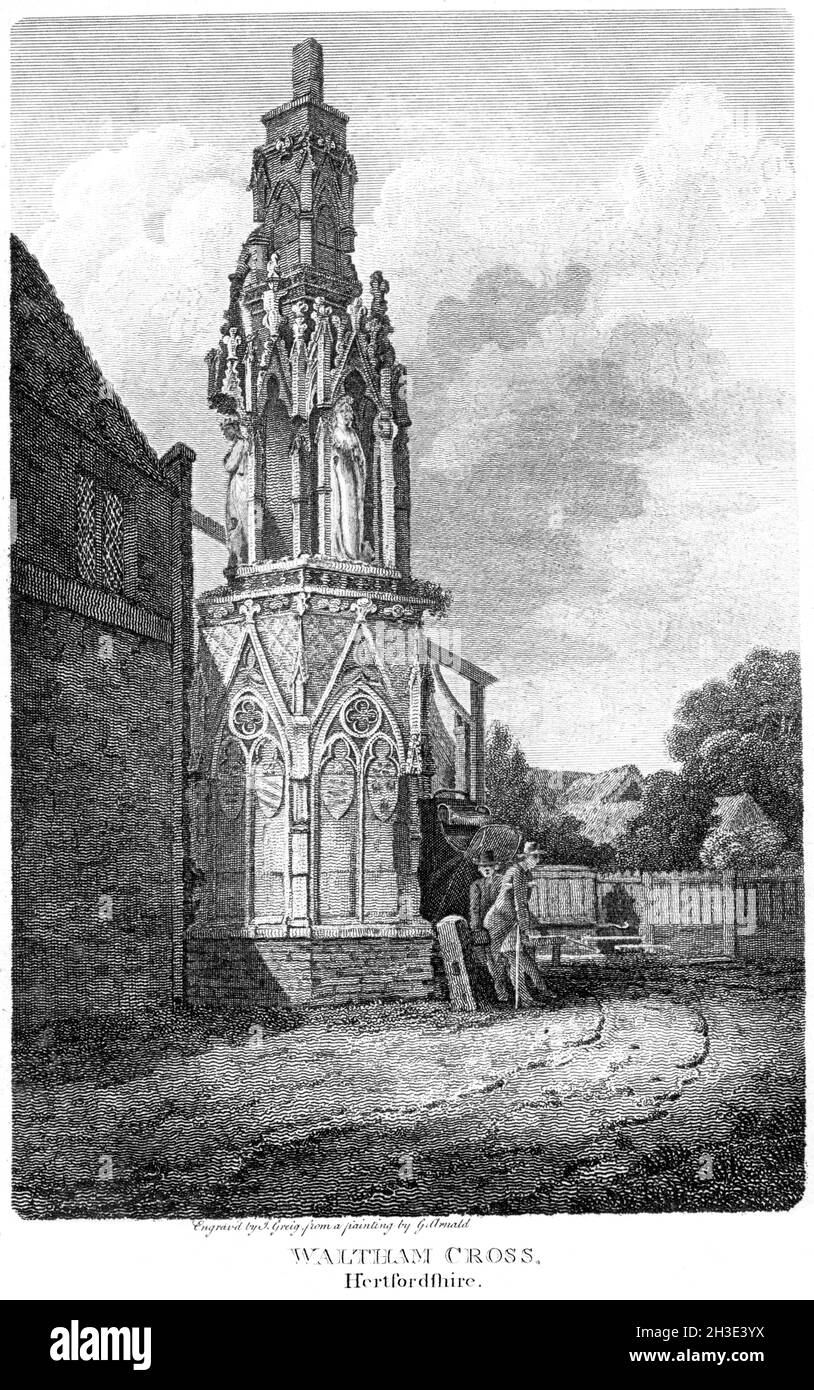 Un'incisione di Waltham Cross, Hertfordshire UK scansionata ad alta risoluzione da un libro stampato nel 1812. Creduto libero di copyright. Foto Stock