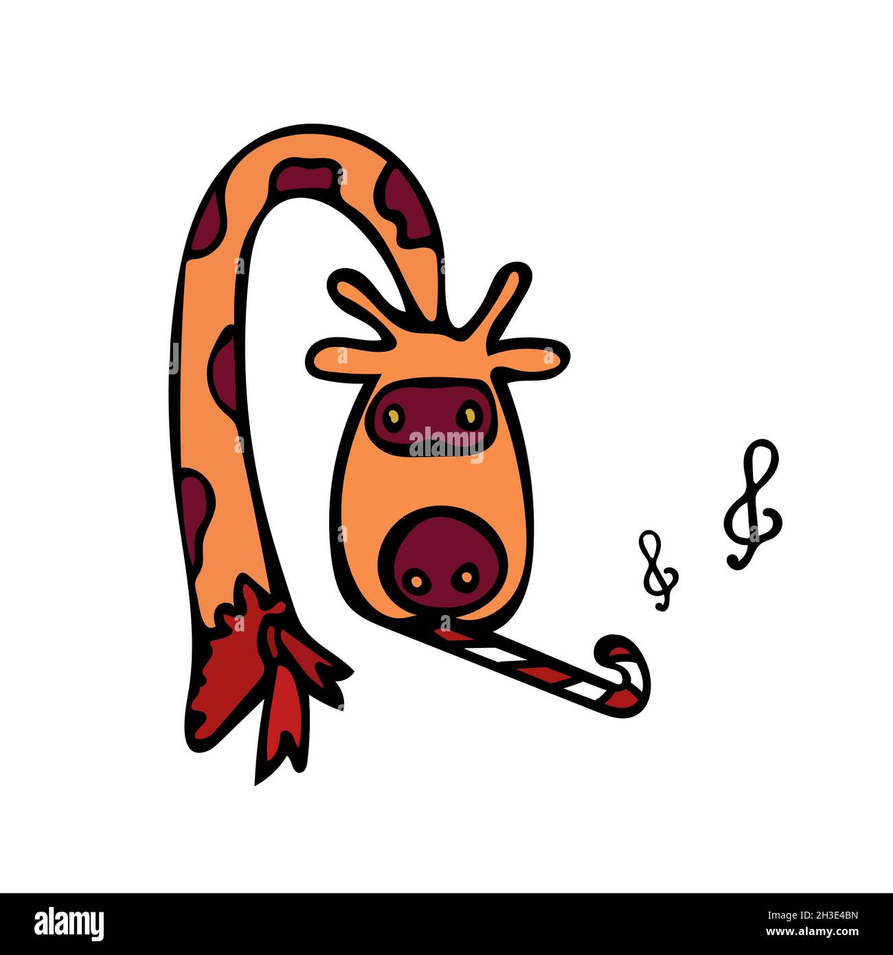 Una giraffa arancione con una sciarpa rossa suona musica su una pipa. Le note volano fuori. Illustrazione vettoriale in stile cartoon. Illustrazione Vettoriale