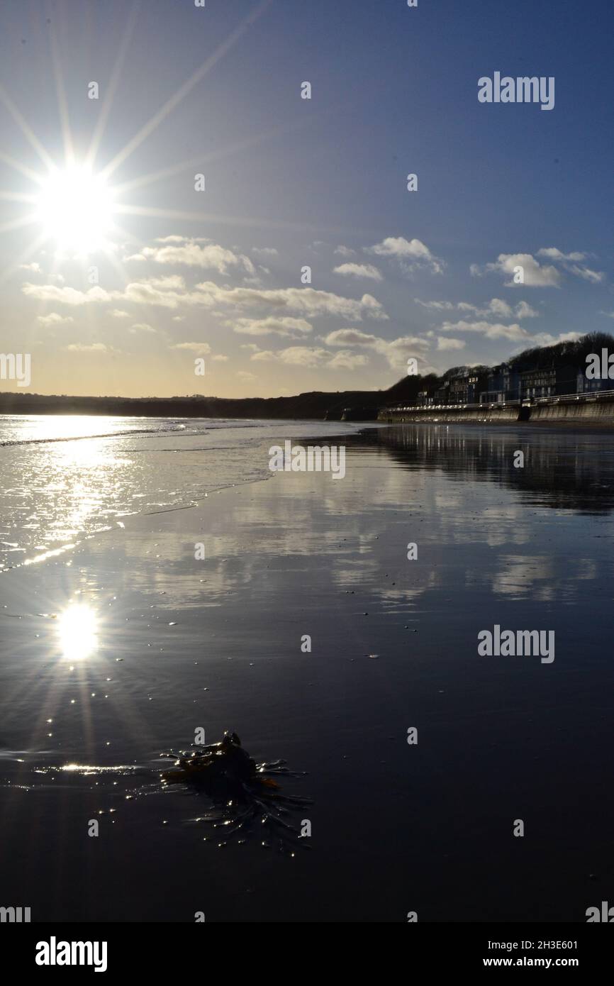 Ritratto di Filey Beach in Un giorno di inverni soleggiato - riflessione del sole sulla sabbia bagnata - riflessioni del cloud - Città del mare - Yorkshire - Regno Unito Foto Stock