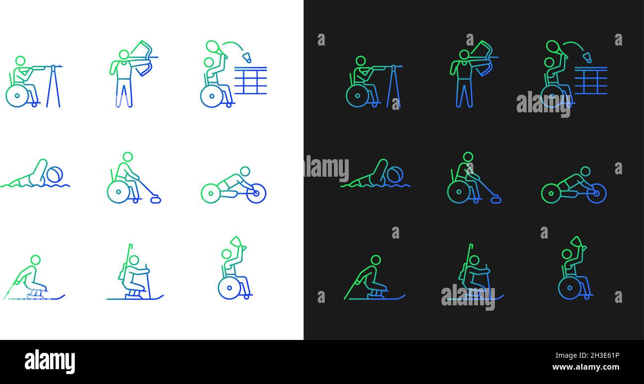 Atleti con disabilità icone gradiente impostate per la modalità buio e luce Illustrazione Vettoriale