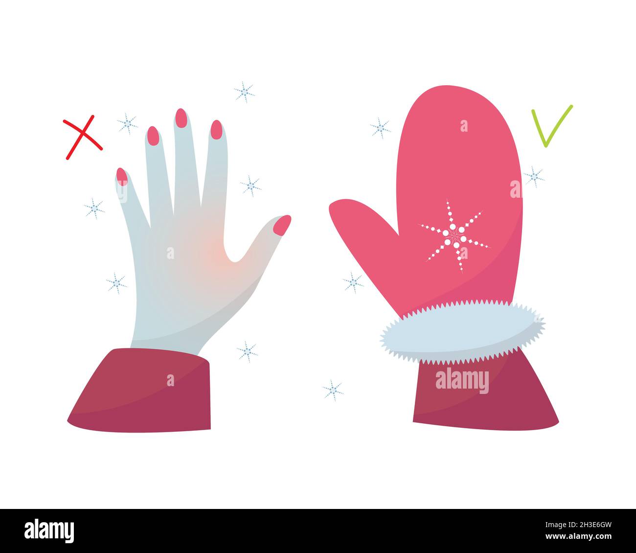 Congelare la mano dalla mano fredda e calda in una muffa, guanto, pericolo, bassa temperatura, gelo, Fiocco di neve. Isolato, sfondo bianco. Illustrazione vettoriale Illustrazione Vettoriale