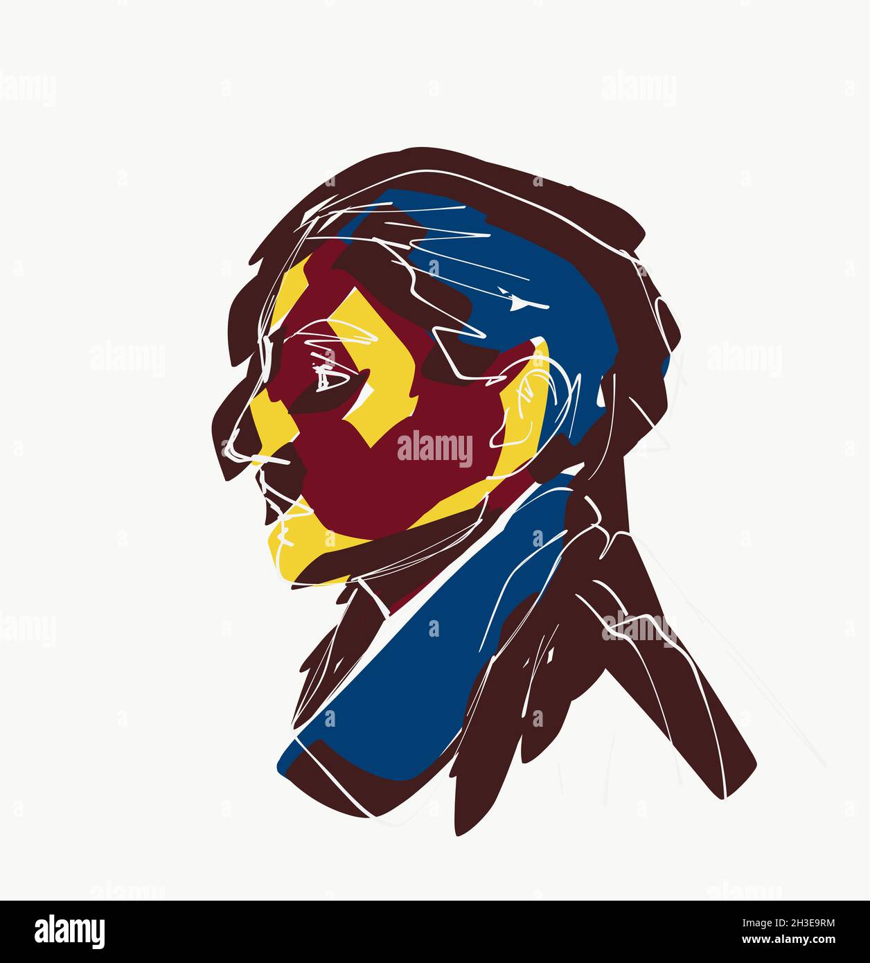Illustrazione vettoriale della vista laterale dell'uomo calmo con colorante colorato sul viso che guarda via penosamente Foto Stock