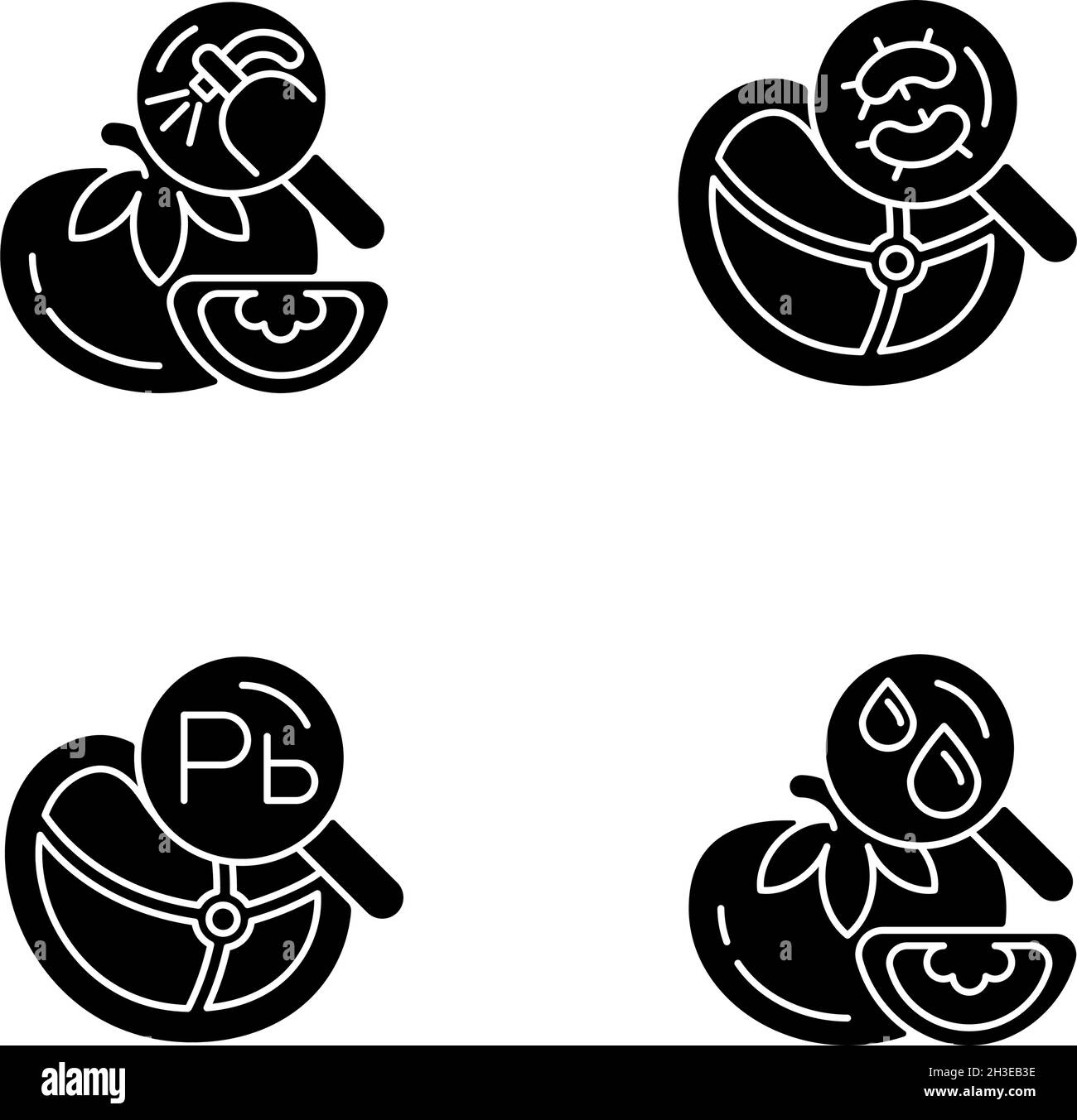 Icone glyph nere per il test dei contaminanti alimentari impostate sullo spazio bianco Illustrazione Vettoriale
