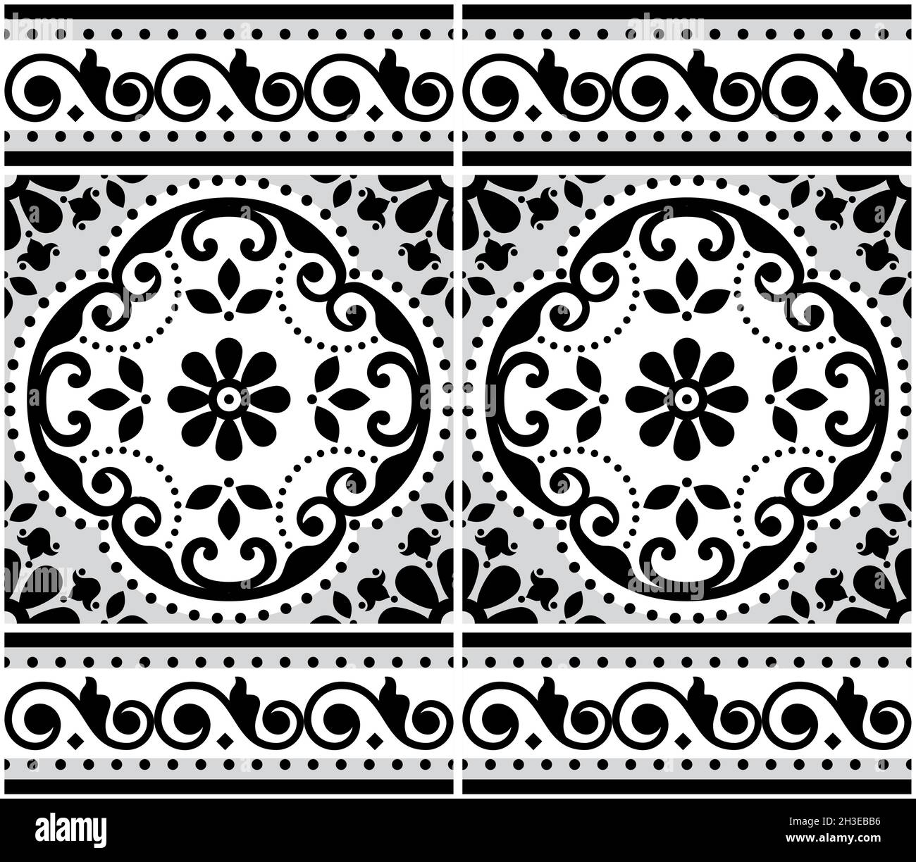 Lisbona Azulejo piastrelle senza cuciture motivo vettoriale con cornice o bordo, portoghese nero e bianco retro design con fiori, vortici e forme geometriche Illustrazione Vettoriale