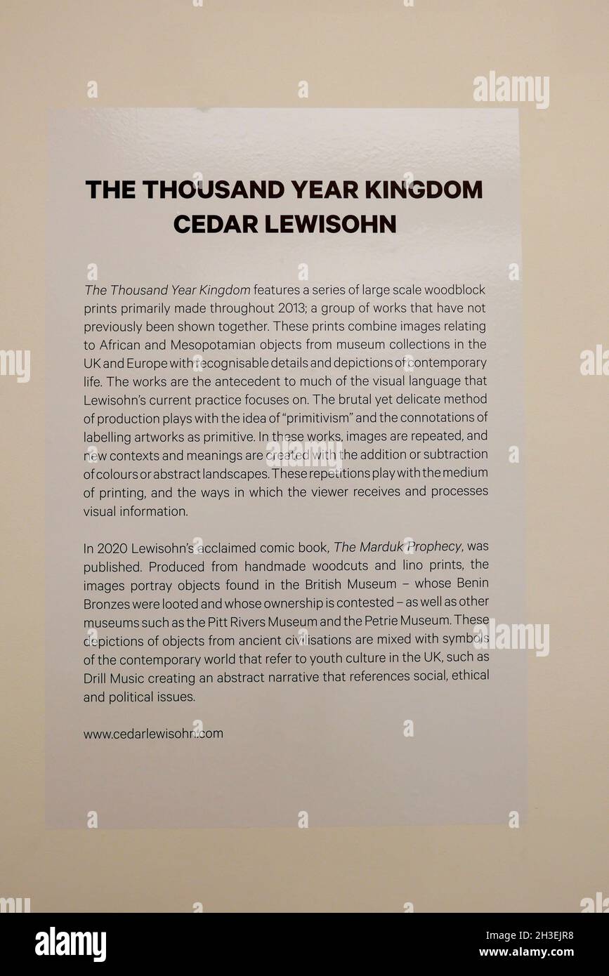 Il Regno dei Mille anni presenta una serie di stampe in blocchi di legno su larga scala realizzate principalmente nel corso del 2013 , un gruppo di opere che in precedenza non sono state presentate insieme . Queste stampe combinano immagini relative ad oggetti africani e mesopotamiani provenienti da collezioni di musei nel Regno Unito e in Europa con dettagli e rappresentazioni riconoscibili della vita contemporanea. Le opere sono l'antecedente a gran parte del linguaggio visivo su cui si concentra l'attuale pratica di Lewisohn. Foto Stock