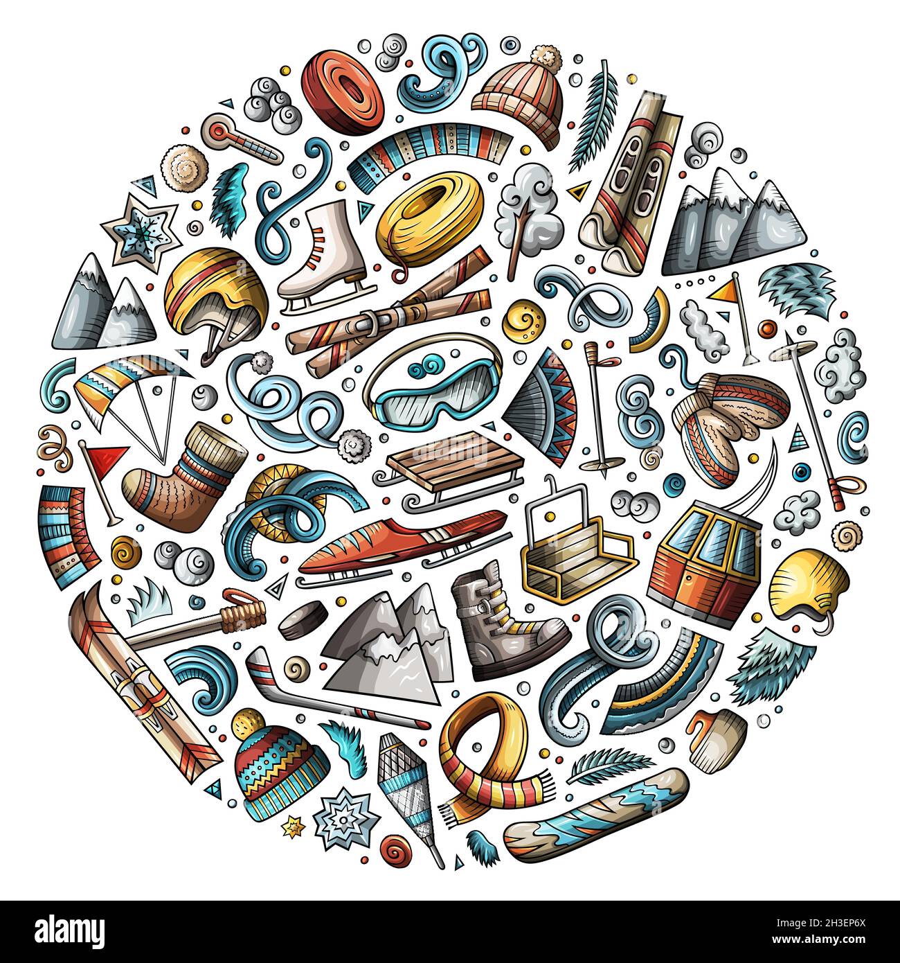 Set colorato di oggetti fumetto Winter Sports Illustrazione Vettoriale