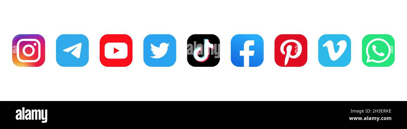 Icone dei logo dei social media isolate su sfondo bianco. Immagine editoriale. Vinnitsia, Ucraina. Fabruary 05, 2021. Illustrazione Vettoriale