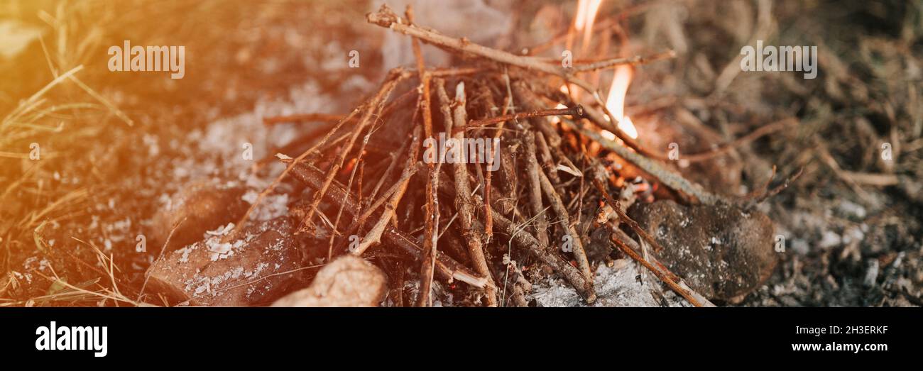 piccolo falò per bambini nella foresta a terra. rametti secchi di legno di spazzolone per il falò sono accatastati in un cerchio di pietre e una fiamma è kindl Foto Stock