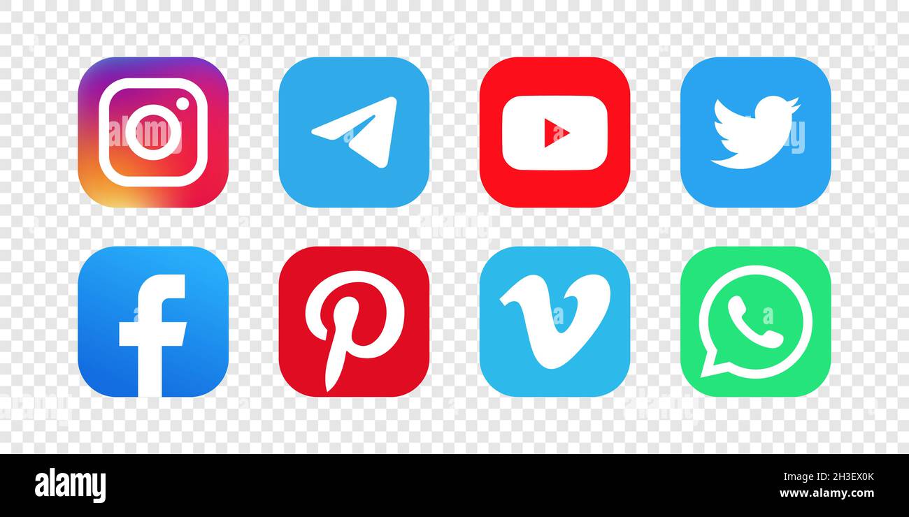 Icone dei logo dei social media isolate su sfondo trasparente. Immagine editoriale. Vinnitsia, Ucraina. Fabruary 05, 2021. Illustrazione Vettoriale