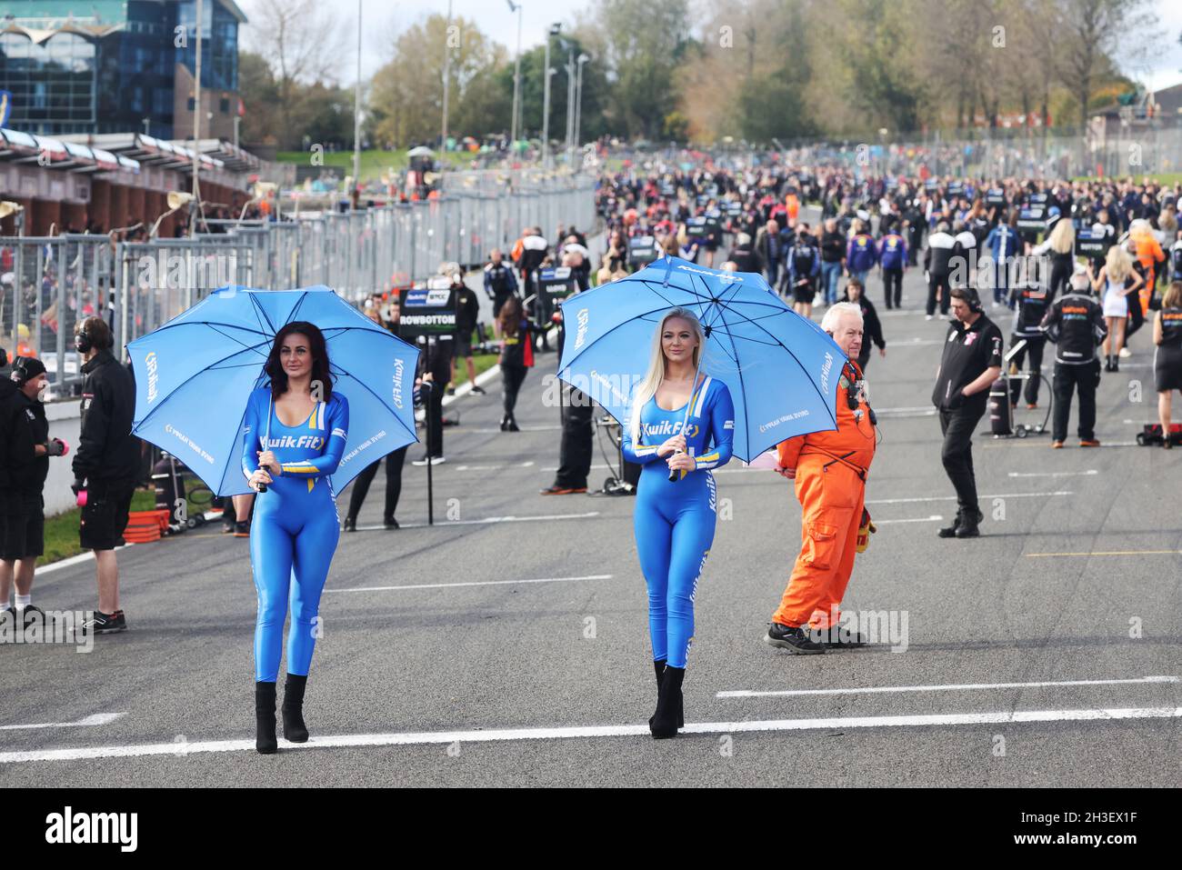 Kwik Fit grid girls al British Touring Car Finale a Brands Hatch, Kent, Regno Unito Foto Stock