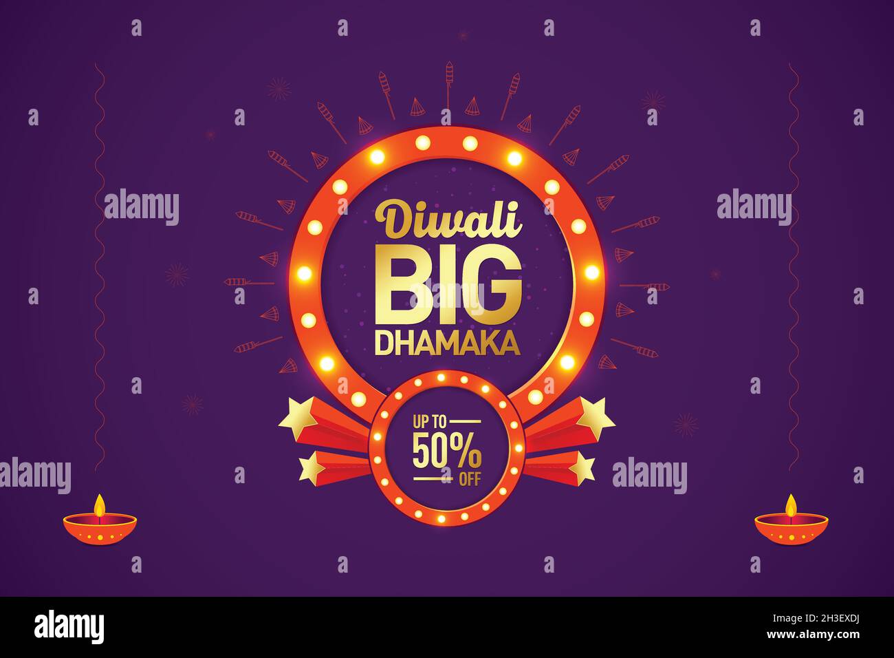 Diwali grande dhamaka vendita offerta banner unità logo con cracker e luci sfondo celebrazione, festa indiana della luce, offerta vendita, Logo design. Illustrazione Vettoriale