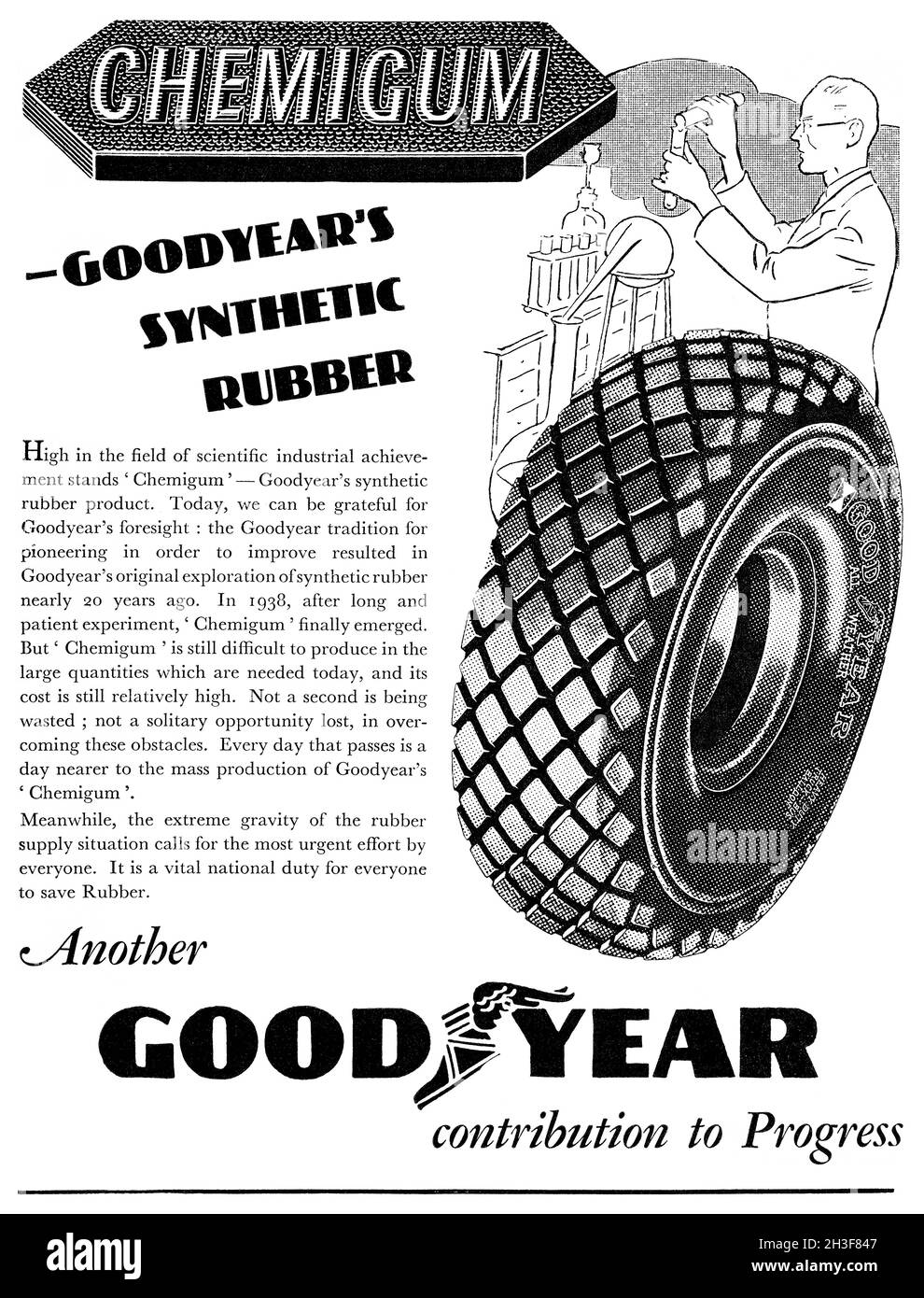 1943 Pubblicità britannica per pneumatici Goodyear in gomma sintetica 'Chemigum'. Foto Stock