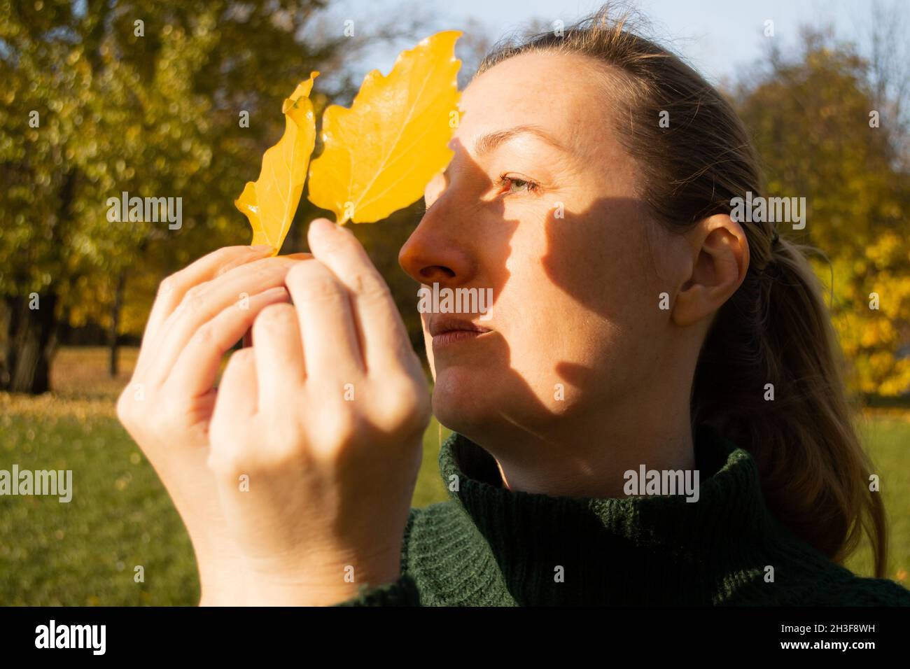 Giovane donna in profilo con foglie gialle, luce del sole, ombre, mani ravvicinate, ispirazione autunnale. Foto Stock