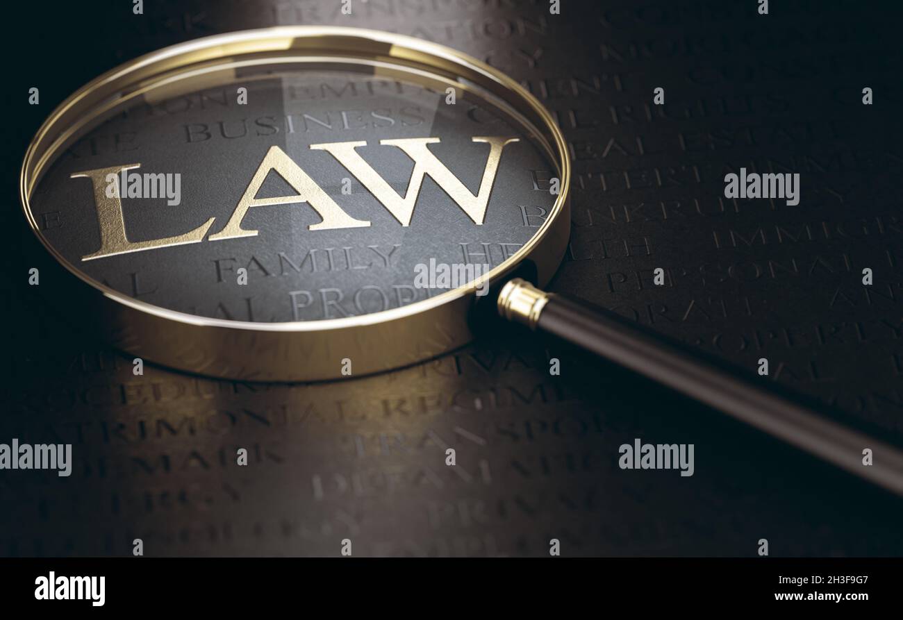 Parola legge scritta in lettere dorate su sfondo nero e lente d'ingrandimento. illustrazione 3d. Foto Stock