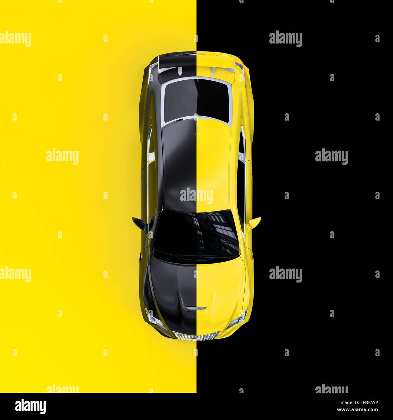 vettura sportiva gialla vista dall'alto, colore alternato nero e giallo. rendering 3d Foto Stock