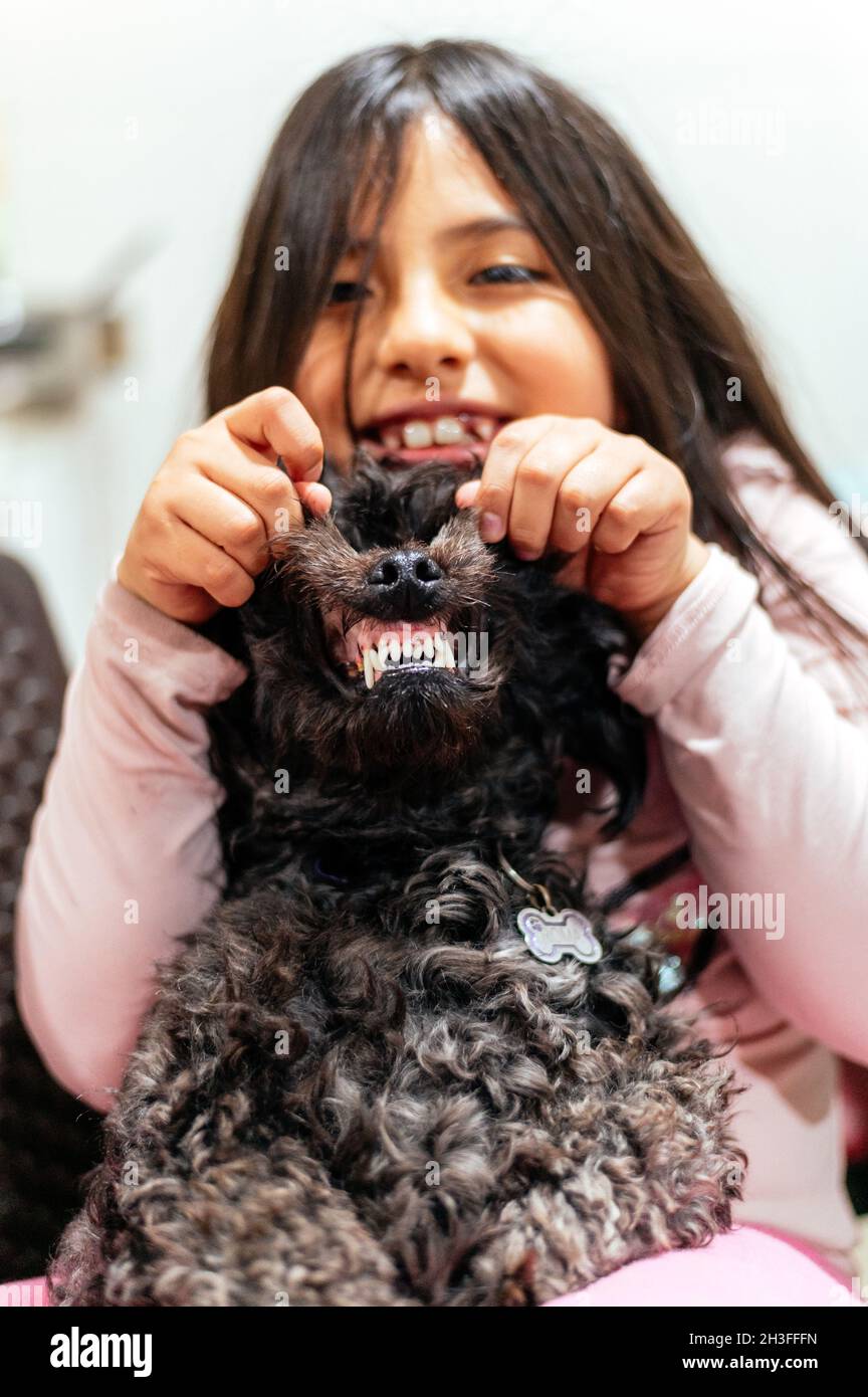 Adorabile sorridente bambina scolastica bambino tenendo e giocando con cane animale domestico. Migliori amici. Foto Stock