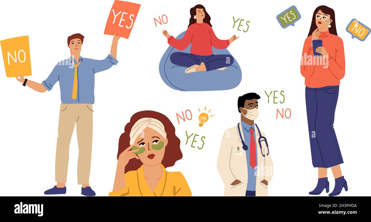 La gente sceglie sì o no Personaggi diversi, direttore medico bellezza donna pensiero. Accettare o rifiutare, acconsentire o rifiutare, scelta e decisione difficili Illustrazione Vettoriale