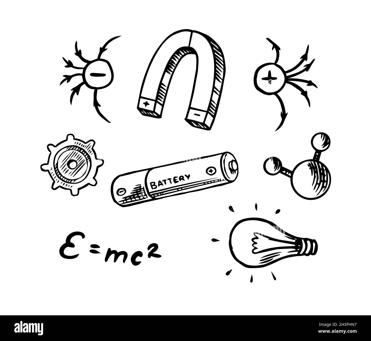 Concetto di fisica. Magnete e particelle di elettroni con carica positiva e negativa. Batteria e nanoparticella. Equivalenza dell'energia di massa. Mano incisa Illustrazione Vettoriale